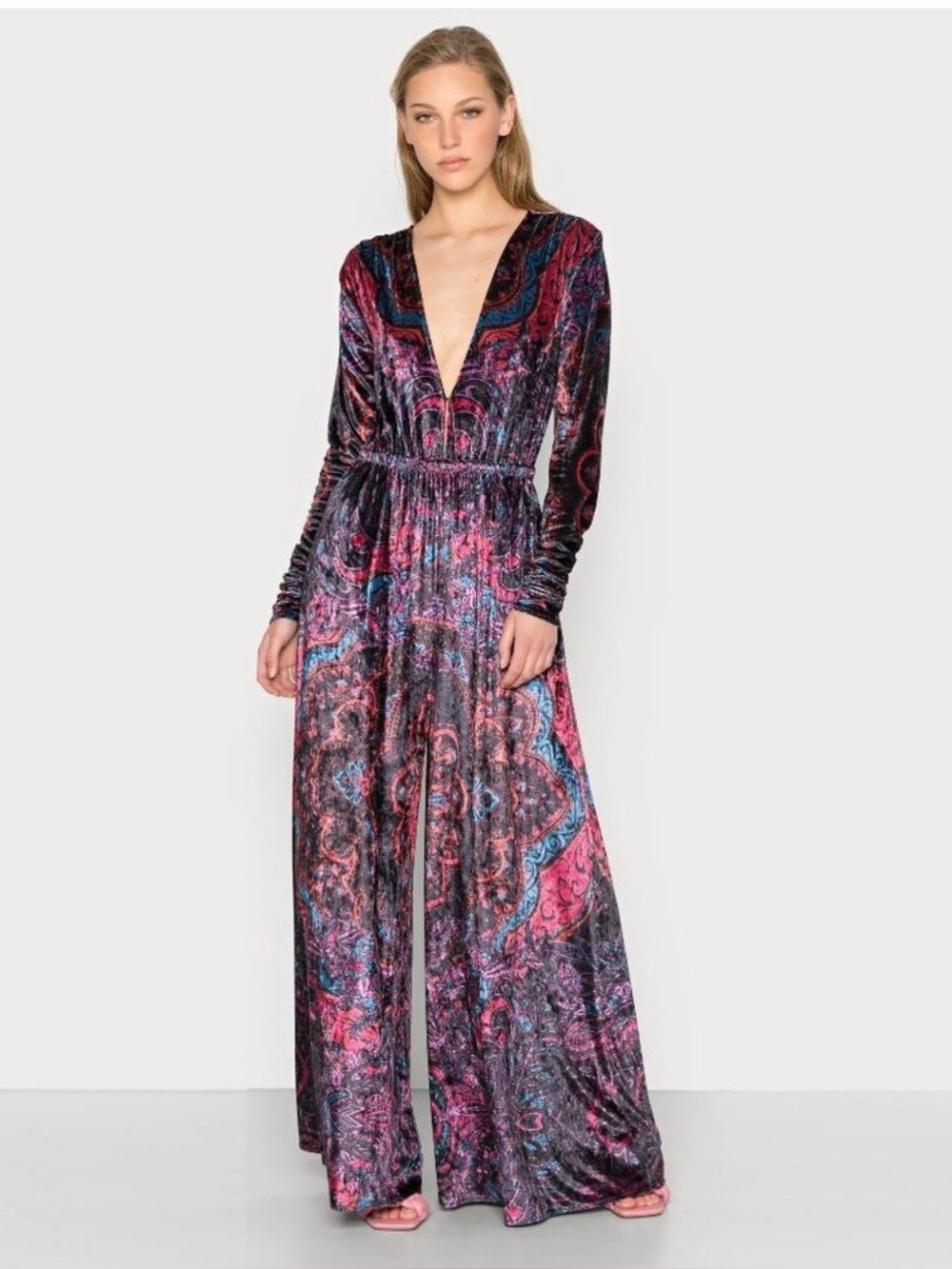 Free People Velvet Paisley Wide-Leg Jumpsuit in Pink & Blue